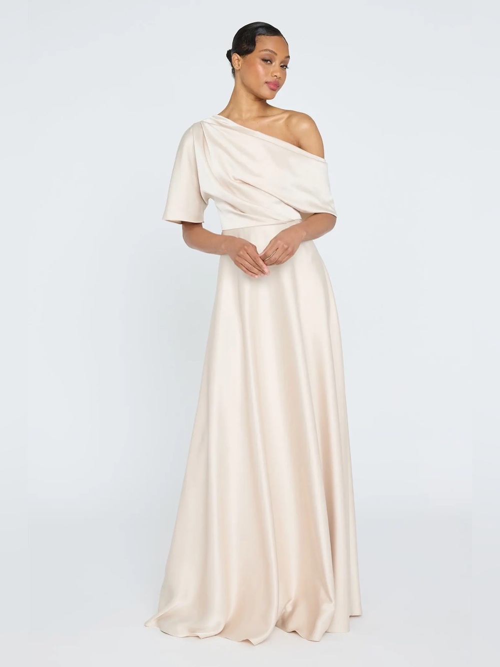 Theia Alessandra Asymmetrical One-Shoulder Satin Gown in Sand